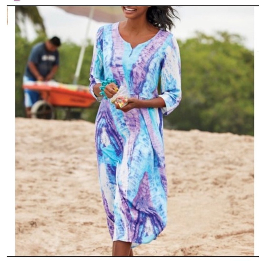 Soft Surroundings Womens Flax Blend Dress XL Blue Purple Tie Dye Lagenlook Beach